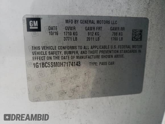 ✅ 2017 Chevrolet Cruze LS • VIN: 1G1BC5SM0H7174143 • Lot: 40271703. Listed on Copart with 59,329 mi. Free auction sales archive from the USA and detailed vehicle history report at DreamBid. Image 12.