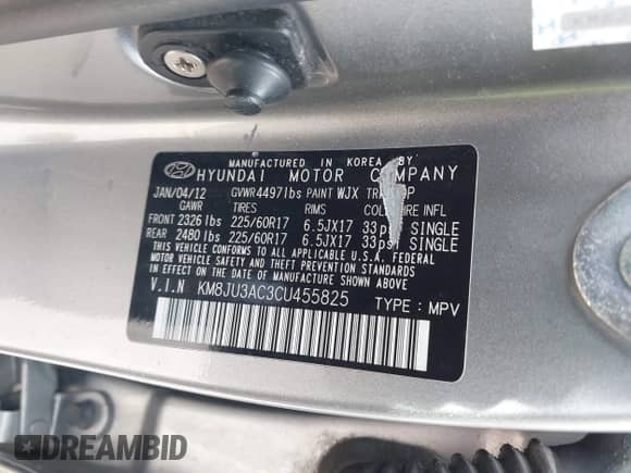 2012 Hyundai Tucson GLS with VIN KM8JU3AC3CU455825, listed as a IAAI auction lot 43611561 with 182,582 mi miles and . Bid and sale history available at DreamBid. Image 9.