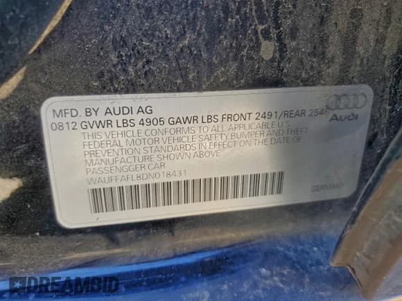 ✅ 2013 Audi A4 Premium Plus • VIN: WAUFFAFL8DN018431 • Лот: 96086675. Опубликован ранее на Copart с пробегом Не указан. Бесплатный доступ к архиву аукционных продаж из США и подробный отчёт об истории автомобиля на DreamBid. Изображение 12.