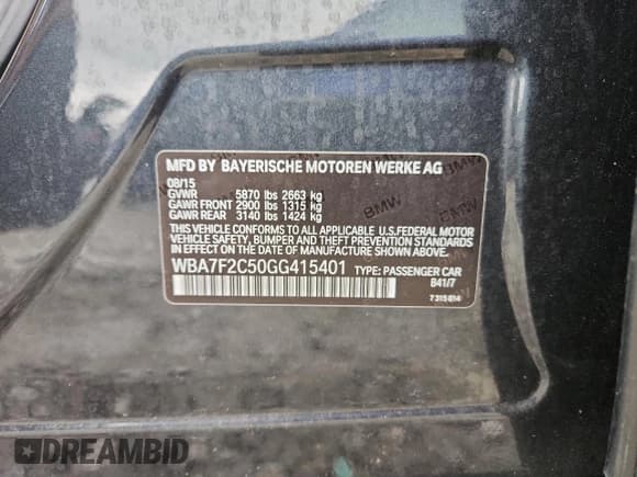 ✅ 2016 BMW 7 Series 750i xDrive • VIN: WBA7F2C50GG415401 • Lot: 90144765. Listed on Copart with 93,420 mi. Free auction sales archive from the USA and detailed vehicle history report at DreamBid. Image 12.