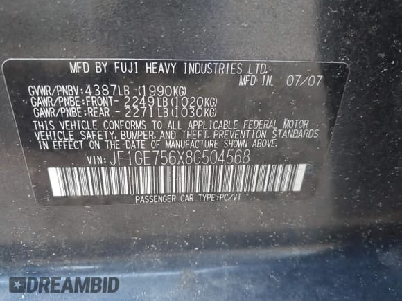 ✅ 2008 Subaru Impreza WRX • VIN: JF1GE756X8G504568 • Lot: 43039537. Listed on IAAI with 108,074 mi. Free auction sales archive from the USA and detailed vehicle history report at DreamBid. Image 9.