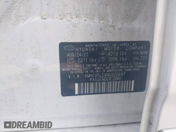 2022 Hyundai Ioniq Limited с VIN KMHC05LC4NU270697, выставлен на аукционе IAAI как лот 42639922 с пробегом 33 794 миль миль и . История ставок и продаж доступна на DreamBid. Изображение 9.