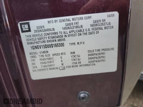 2009 Chevrolet Traverse LS z VIN 1GNEV13D09S166300, wystawiony jako Copart lot #81722235 z przebiegiem 104 140 mil mil oraz Szkoda całkowita • Salvage title. Historia ofert i sprzedaży dostępna na DreamBid. Obrazek 13.