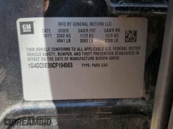 ✅ 2012 Buick LaCrosse Leather • VIN: 1G4GC5E39CF194563 • Lot: 52796995. Listed on Copart with 175,639 mi. Free auction sales archive from the USA and detailed vehicle history report at DreamBid. Image 12.