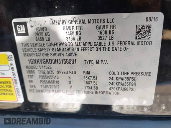 2017 Chevrolet Traverse LT с VIN 1GNKVGKD0HJ158581, выставлен на аукционе IAAI как лот 43390557 с пробегом Не указан миль и . История ставок и продаж доступна на DreamBid. Изображение 9.