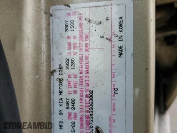 ✅ 2003 Kia Sorento LX • VIN: KNDJD733X35063802 • Lot: 74760084. Listed on Copart with 189,088 mi. Free auction sales archive from the USA and detailed vehicle history report at DreamBid. Image 13.