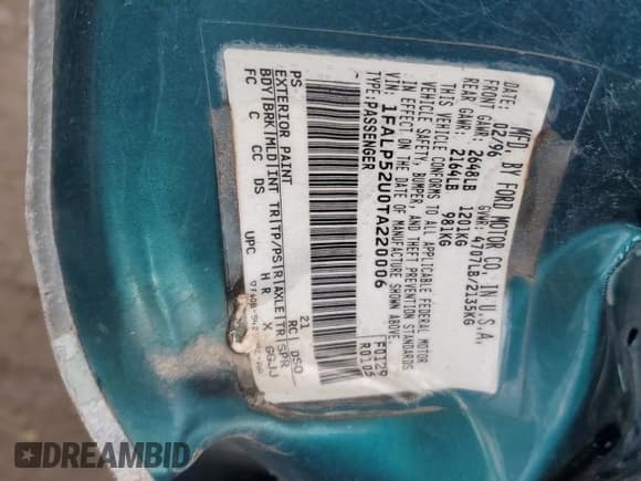 ✅ 1996 Ford Taurus GL • VIN: 1FALP52U0TA220006 • Lot: 81847055. Listed on Copart with Not provided. Free auction sales archive from the USA and detailed vehicle history report at DreamBid. Image 12.