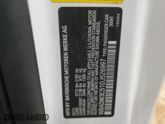 ✅ 2013 BMW 3 Series 328i • VIN: WBADW3C51DJ526997 • Lot: 92578575. Listed on Copart with 126,301 mi. Free auction sales archive from the USA and detailed vehicle history report at DreamBid. Image 12.