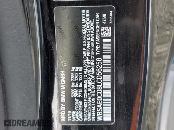 ✅ 2020 BMW M8 • VIN: WBSAE0C08LCD56258 • Lot: 61100723. Listed on Copart with 6,231 mi. Free auction sales archive from the USA and detailed vehicle history report at DreamBid. Image 12.