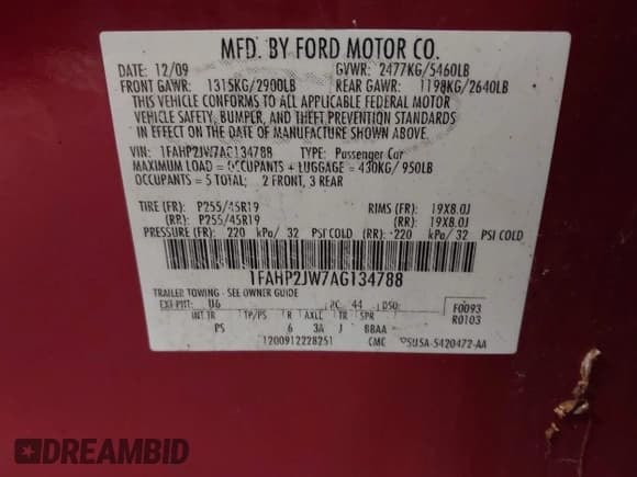 ✅ 2010 Ford Taurus Limited • VIN: 1FAHP2JW7AG134788 • Lot: 43124152. Listed on IAAI with 157,106 mi. Free auction sales archive from the USA and detailed vehicle history report at DreamBid. Image 9.