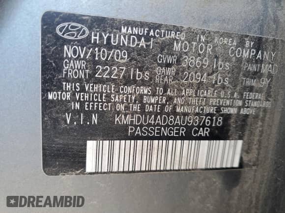 2010 Hyundai Elantra GLS z VIN KMHDU4AD8AU937618, wystawiony jako Copart lot #72166954 z przebiegiem 149 876 mil mil oraz Szkoda całkowita • Salvage title. Historia ofert i sprzedaży dostępna na DreamBid. Obrazek 12.