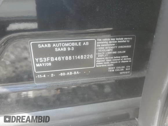 ✅ 2008 Saab 9-3 • VIN: YS3FB46Y881148226 • Lot: 66446665. Wystawiony na Copart z przebiegiem 187 103 mil. Bezpłatny archiwum sprzedaży aukcyjnych z USA i szczegółowy raport historii pojazdu na DreamBid. Zdjęcie 12.