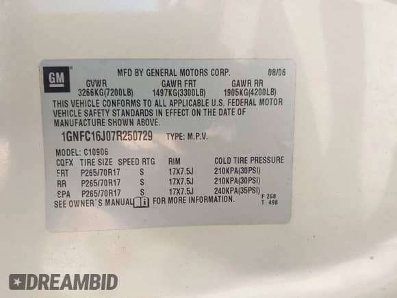 2007 Chevrolet Suburban LT z VIN 1GNFC16J07R250729, wystawiony jako IAAI lot #43625655 z przebiegiem 231 674 mil mil oraz . Historia ofert i sprzedaży dostępna na DreamBid. Obrazek 9.