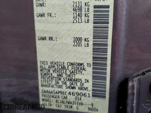 ✅ 2014 Nissan Maxima SV • VIN: 1N4AA5AP9EC469061 • Lot: 94300965. Listed on Copart with 143,295 mi. Free auction sales archive from the USA and detailed vehicle history report at DreamBid. Image 12.