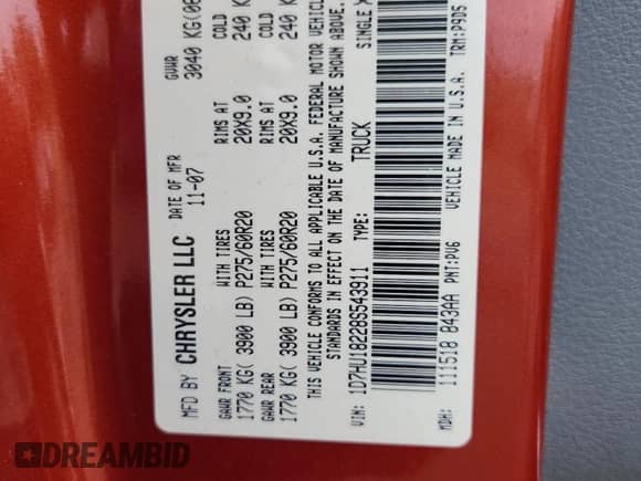 ✅ 2008 Dodge 1500 SLT • VIN: 1D7HU18228S543911 • Lot: 64080435. Listed on Copart with 170,754 mi. Free auction sales archive from the USA and detailed vehicle history report at DreamBid. Image 12.