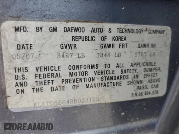 2008 Chevrolet Aveo LS with VIN KL1TD56648B023122, listed as a Copart auction lot 59321284 with Not provided miles and Non repairable. Bid and sale history available at DreamBid. Image 12.