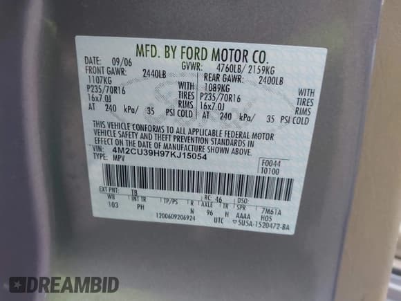 ✅ 2007 Mercury Mariner • VIN: 4M2CU39H97KJ15054 • Lot: 43872918. Listed on IAAI with 146,165 mi. Free auction sales archive from the USA and detailed vehicle history report at DreamBid. Image 9.