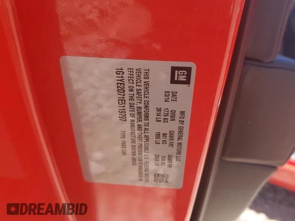 ✅ 2014 Chevrolet Corvette 3LT • VIN: 1G1YE2D71E5119797 • Lot: 61239005. Listed on Copart with 12,879 mi. Free auction sales archive from the USA and detailed vehicle history report at DreamBid. Image 13.