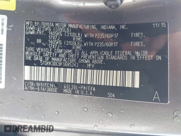 ✅ 2015 Toyota Sienna LE • VIN: 5TDKK3DC9FS685243 • Lot: 43544206. Wystawiony na IAAI z przebiegiem 263 121 mil. Bezpłatny archiwum sprzedaży aukcyjnych z USA i szczegółowy raport historii pojazdu na DreamBid. Zdjęcie 9.