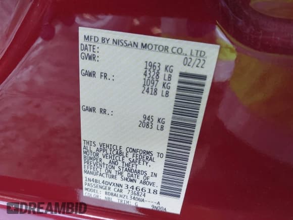 ✅ 2022 Nissan Altima SV • VIN: 1N4BL4DVXNN346618 • Lot: 43694478. Wystawiony na IAAI z przebiegiem 33 111 mil. Bezpłatny archiwum sprzedaży aukcyjnych z USA i szczegółowy raport historii pojazdu na DreamBid. Zdjęcie 9.