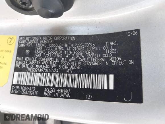 2007 Toyota Highlander z VIN JTEGD21A970162964, wystawiony jako IAAI lot #43024821 z przebiegiem 235 884 mil mil oraz . Historia ofert i sprzedaży dostępna na DreamBid. Obrazek 9.