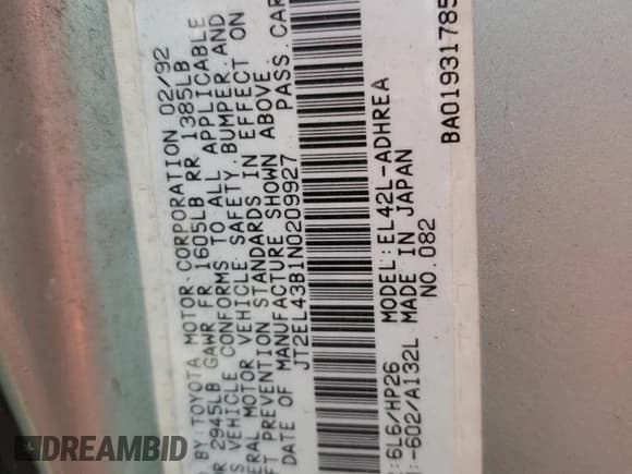 ✅ 1992 Toyota Tercel • VIN: JT2EL43B1N0209927 • Lot: 57595275. Listed on Copart with 87,577 mi. Free auction sales archive from the USA and detailed vehicle history report at DreamBid. Image 12.