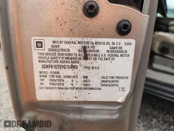 ✅ 2000 Chevrolet Suburban LS • VIN: 3GNFK16T8YG154983 • Лот: 64551975. Опубликован ранее на Copart с пробегом 276 027 миль. Бесплатный доступ к архиву аукционных продаж из США и подробный отчёт об истории автомобиля на DreamBid. Изображение 13.