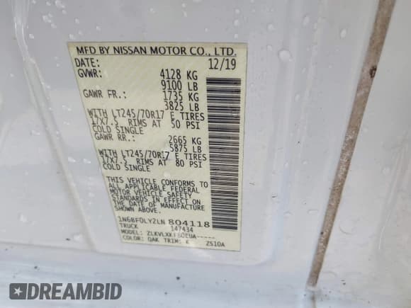 ✅ 2020 Nissan NV Cargo SV • VIN: 1N6BF0LY2LN804118 • Lot: 41428353. Listed on IAAI with 111,941 mi. Free auction sales archive from the USA and detailed vehicle history report at DreamBid. Image 9.
