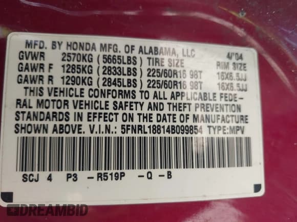 ✅ 2004 Honda Odyssey EX-RES • VIN: 5FNRL18814B099854 • Lot: 42123484. Listed on IAAI with 206,018 mi. Free auction sales archive from the USA and detailed vehicle history report at DreamBid. Image 9.