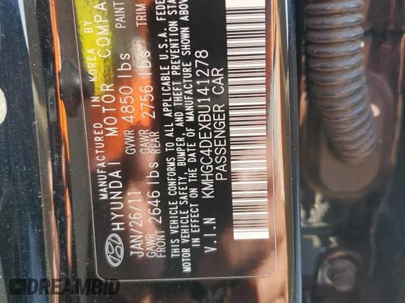 2011 Hyundai Genesis z VIN KMHGC4DEXBU141278, wystawiony jako Copart lot #74714884 z przebiegiem 186 068 mil mil oraz Szkoda całkowita • Salvage title. Historia ofert i sprzedaży dostępna na DreamBid. Obrazek 12.