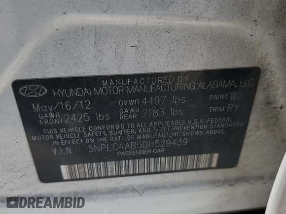 ✅ 2013 Hyundai Sonata SE • VIN: 5NPEC4AB5DH529439 • Lot: 66665254. Listed on Copart with 155,332 mi. Free auction sales archive from the USA and detailed vehicle history report at DreamBid. Image 14.