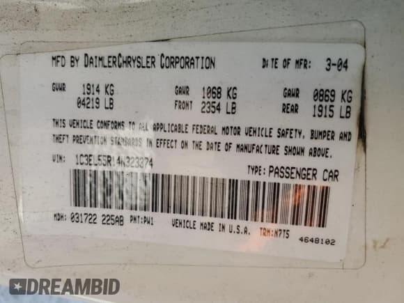 ✅ 2004 Chrysler Sebring LXi • VIN: 1C3EL55R14N323374 • Lot: 91144065. Listed on Copart with 855,899 mi. Free auction sales archive from the USA and detailed vehicle history report at DreamBid. Image 13.