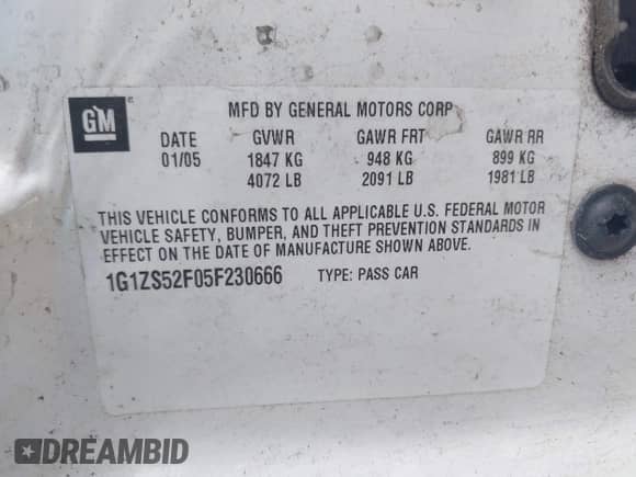2005 Chevrolet Malibu with VIN 1G1ZS52F05F230666, listed as a IAAI auction lot 43561924 with 184,496 mi miles and . Bid and sale history available at DreamBid. Image 9.