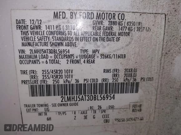 ✅ 2013 Lincoln MKT EcoBoost • VIN: 2LMHJ5AT3DBL56954 • Лот: 41705877. Опубликован ранее на IAAI с пробегом 148 771 миль. Бесплатный доступ к архиву аукционных продаж из США и подробный отчёт об истории автомобиля на DreamBid. Изображение 9.