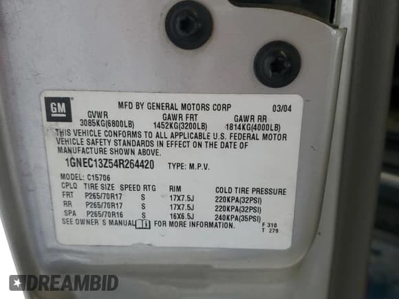 ✅ 2004 Chevrolet Tahoe LT • VIN: 1GNEC13Z54R264420 • Lot: 70382425. Listed on Copart with 201,894 mi. Free auction sales archive from the USA and detailed vehicle history report at DreamBid. Image 13.