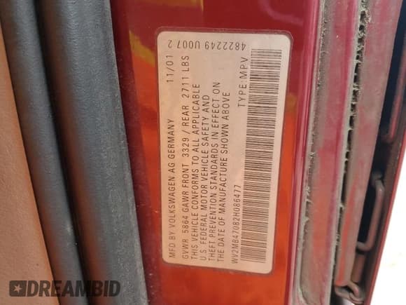 ✅ 2002 Volkswagen EuroVan MV • VIN: WV2MB47082H086477 • Lot: 64179785. Wystawiony na Copart z przebiegiem 225 714 mil. Bezpłatny archiwum sprzedaży aukcyjnych z USA i szczegółowy raport historii pojazdu na DreamBid. Zdjęcie 13.