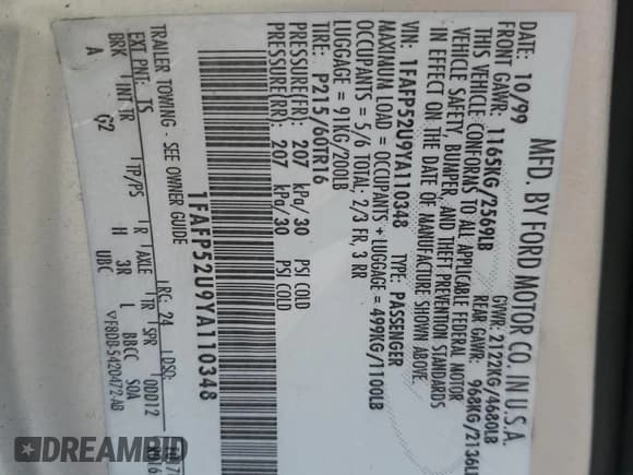 ✅ 2000 Ford Taurus LX • VIN: 1FAFP52U9YA110348 • Лот: 70742405. Опубликован ранее на Copart с пробегом 150 567 миль. Бесплатный доступ к архиву аукционных продаж из США и подробный отчёт об истории автомобиля на DreamBid. Изображение 12.