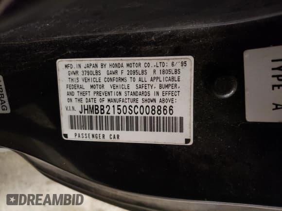 ✅ 1995 Honda Prelude • VIN: JHMBB2150SC008866 • Lot: 45727445. Listed on Copart with 185,951 mi. Free auction sales archive from the USA and detailed vehicle history report at DreamBid. Image 15.