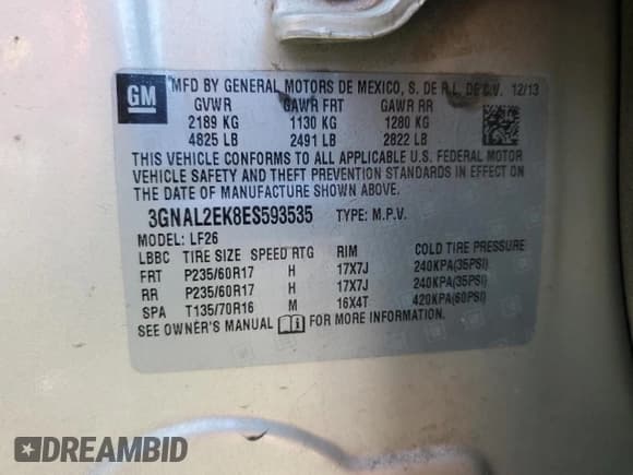 ✅ 2014 Chevrolet Captiva Sport LS • VIN: 3GNAL2EK8ES593535 • Lot: 59147695. Wystawiony na Copart z przebiegiem 137 323 mil. Bezpłatny archiwum sprzedaży aukcyjnych z USA i szczegółowy raport historii pojazdu na DreamBid. Zdjęcie 13.