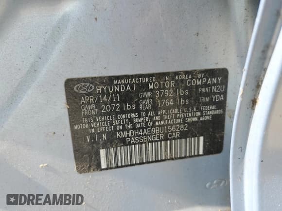 ✅ 2011 Hyundai Elantra Limited • VIN: KMHDH4AE9BU156282 • Lot: 58935265. Listed on Copart with 144,313 mi. Free auction sales archive from the USA and detailed vehicle history report at DreamBid. Image 12.