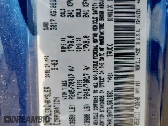 ✅ 2003 Dodge 1500 ST • VIN: 1D7HA18N73J661681 • Lot: 84070645. Listed on Copart with 184,569 mi. Free auction sales archive from the USA and detailed vehicle history report at DreamBid. Image 13.