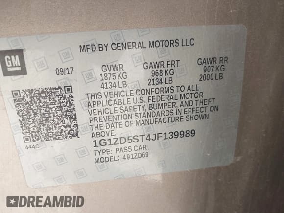 ✅ 2018 Chevrolet Malibu LT • VIN: 1G1ZD5ST4JF139989 • Lot: 43339259. Listed on IAAI with 144,292 mi. Free auction sales archive from the USA and detailed vehicle history report at DreamBid. Image 9.