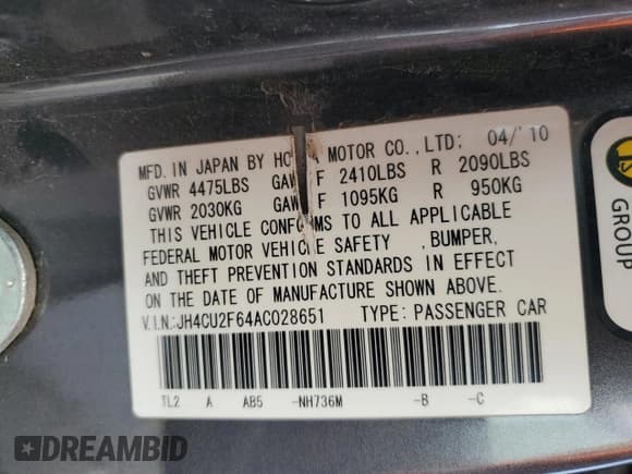 ✅ 2010 Acura TSX • VIN: JH4CU2F64AC028651 • Lot: 57316034. Listed on Copart with 221,859 mi. Free auction sales archive from the USA and detailed vehicle history report at DreamBid. Image 13.