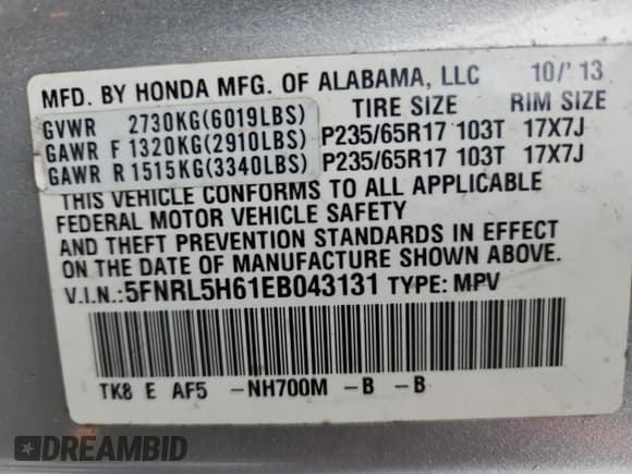 ✅ 2014 Honda Odyssey EX-L • VIN: 5FNRL5H61EB043131 • Lot: 89499605. Listed on Copart with 249,768 mi. Free auction sales archive from the USA and detailed vehicle history report at DreamBid. Image 13.