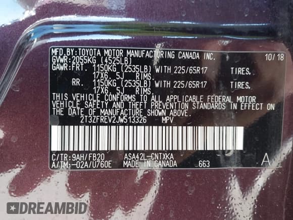 ✅ 2018 Toyota RAV4 LE • VIN: 2T3ZFREV2JW513326 • Lot: 43642263. Listed on IAAI with 72,790 mi. Free auction sales archive from the USA and detailed vehicle history report at DreamBid. Image 9.