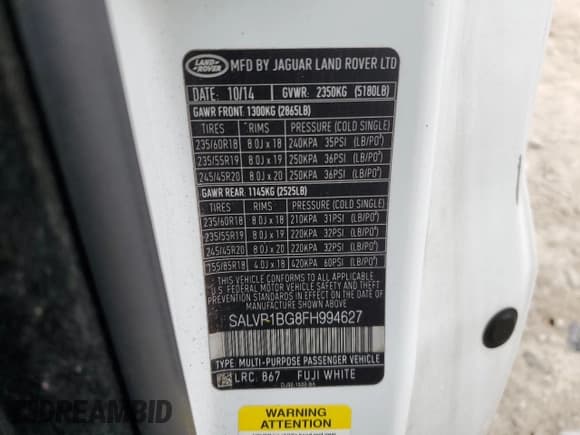 ✅ 2015 Land Rover Range Rover Evoque Pure Plus • VIN: SALVP1BG8FH994627 • Lot: 90760755. Listed on Copart with 148,564 mi. Free auction sales archive from the USA and detailed vehicle history report at DreamBid. Image 13.