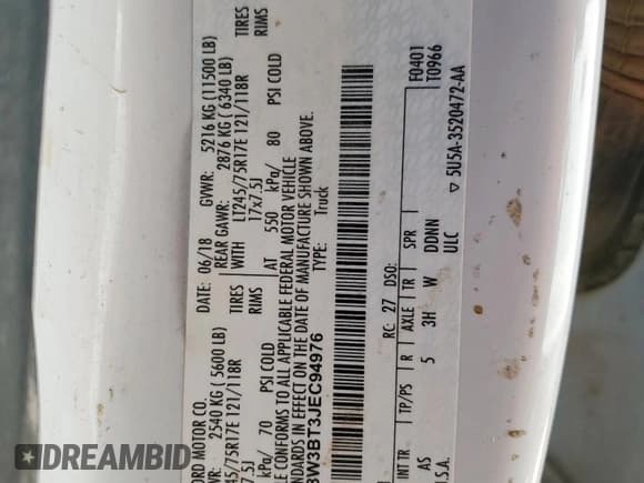 ✅ 2018 Ford F-350 XL • VIN: 1FT8W3BT3JEC94976 • Lot: 57109615. Listed on Copart with 149,143 mi. Free auction sales archive from the USA and detailed vehicle history report at DreamBid. Image 13.