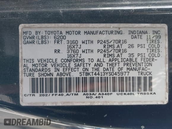 ✅ 2000 Toyota Tundra SR5 • VIN: 5TBKT4413YS045977 • Lot: 43096636. Wystawiony na IAAI z przebiegiem 151 908 mil. Bezpłatny archiwum sprzedaży aukcyjnych z USA i szczegółowy raport historii pojazdu na DreamBid. Zdjęcie 9.