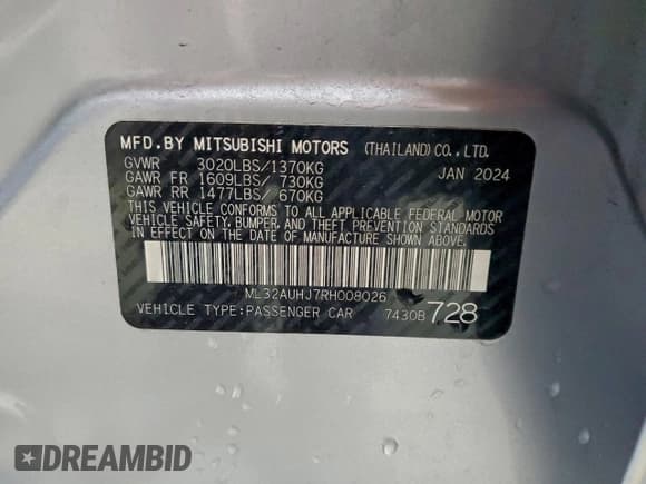 ✅ 2024 Mitsubishi Mirage ES • VIN: ML32AUHJ7RH008026 • Lot: 94341435. Listed on Copart with 30,141 mi. Free auction sales archive from the USA and detailed vehicle history report at DreamBid. Image 12.