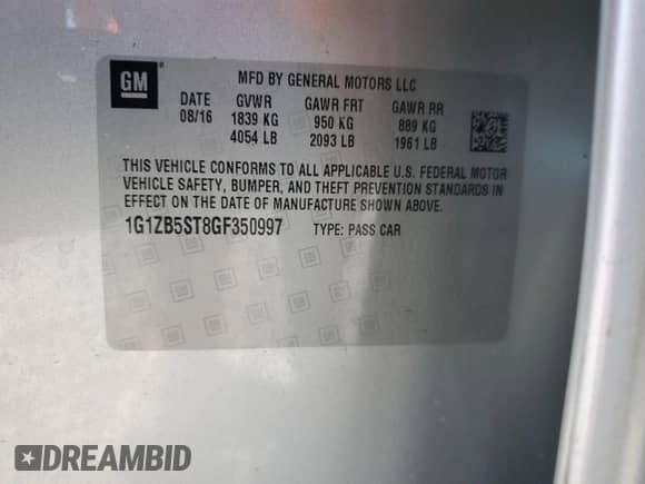 2016 Chevrolet Malibu LS with VIN 1G1ZB5ST8GF350997, listed as a Copart auction lot 84362705 with 25,311 mi miles and Salvage title. Bid and sale history available at DreamBid. Image 12.